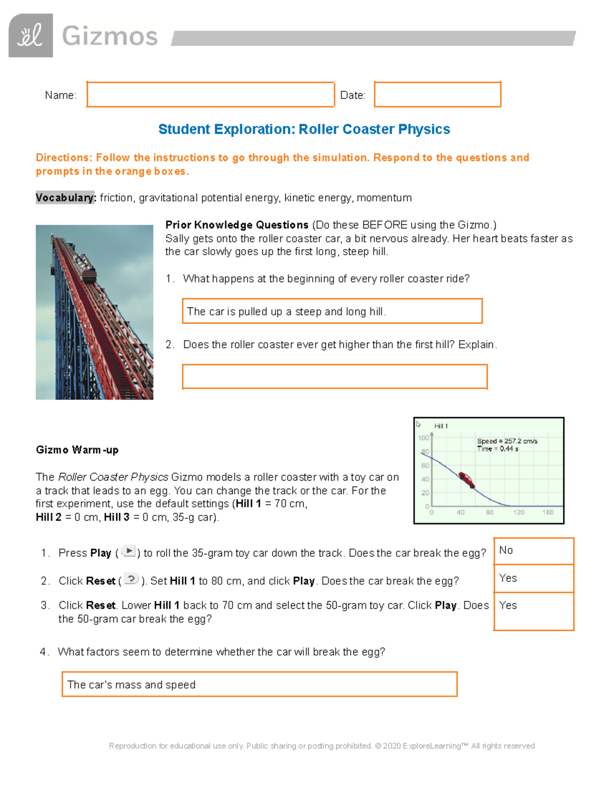 Student Exploration Roller Coaster Physics - Name: Date: Student ...