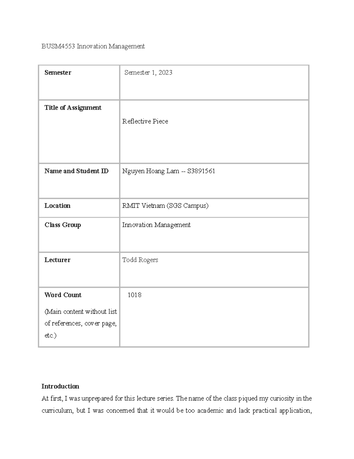 Reflective Piece - ASM3 - BUSM4553 Innovation Management Semester ...