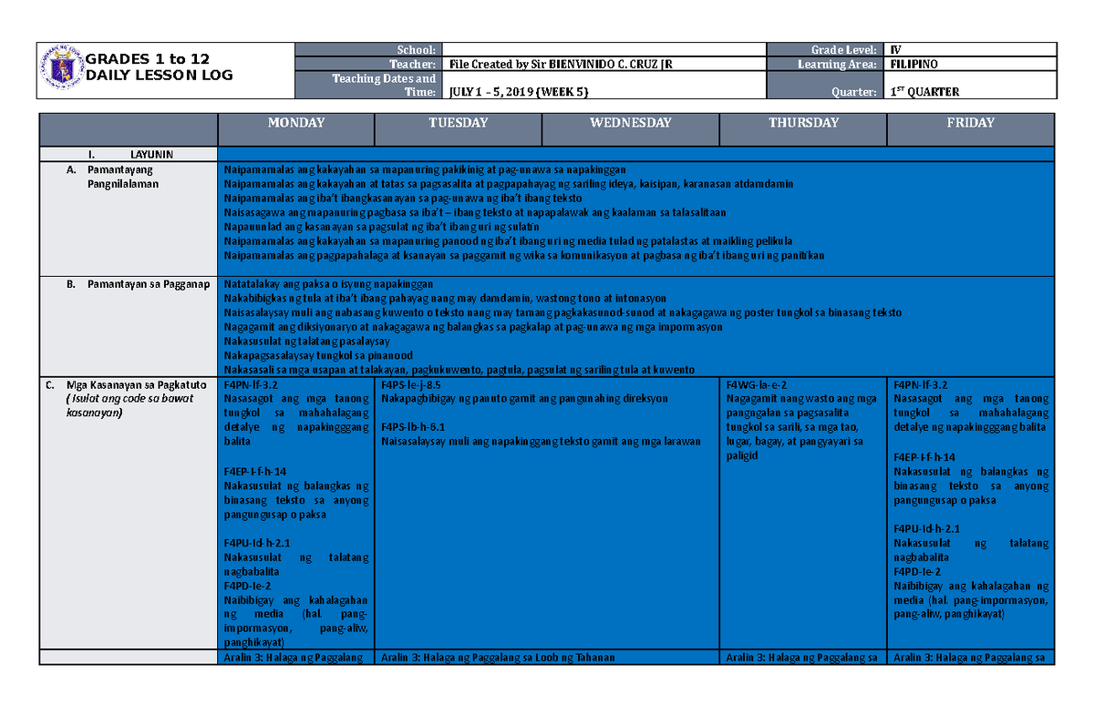 DLL Filipino 4 Q1 W5 - GRADES 1 to 12 DAILY LESSON LOG School: Grade ...