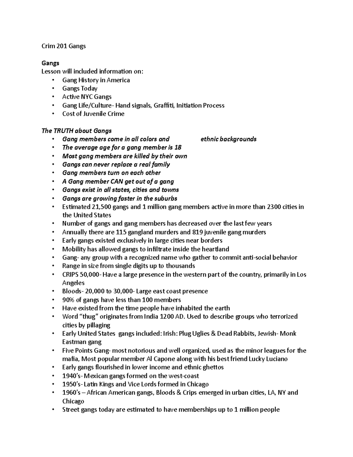 Crim 201 Gangs - Lecture notes 3 - Crim 201 Gangs Gangs Lesson will ...