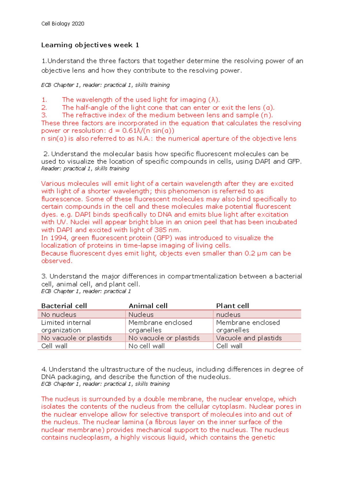 Learning objectives week 1 Cell Biology 2020 Learning objectives week