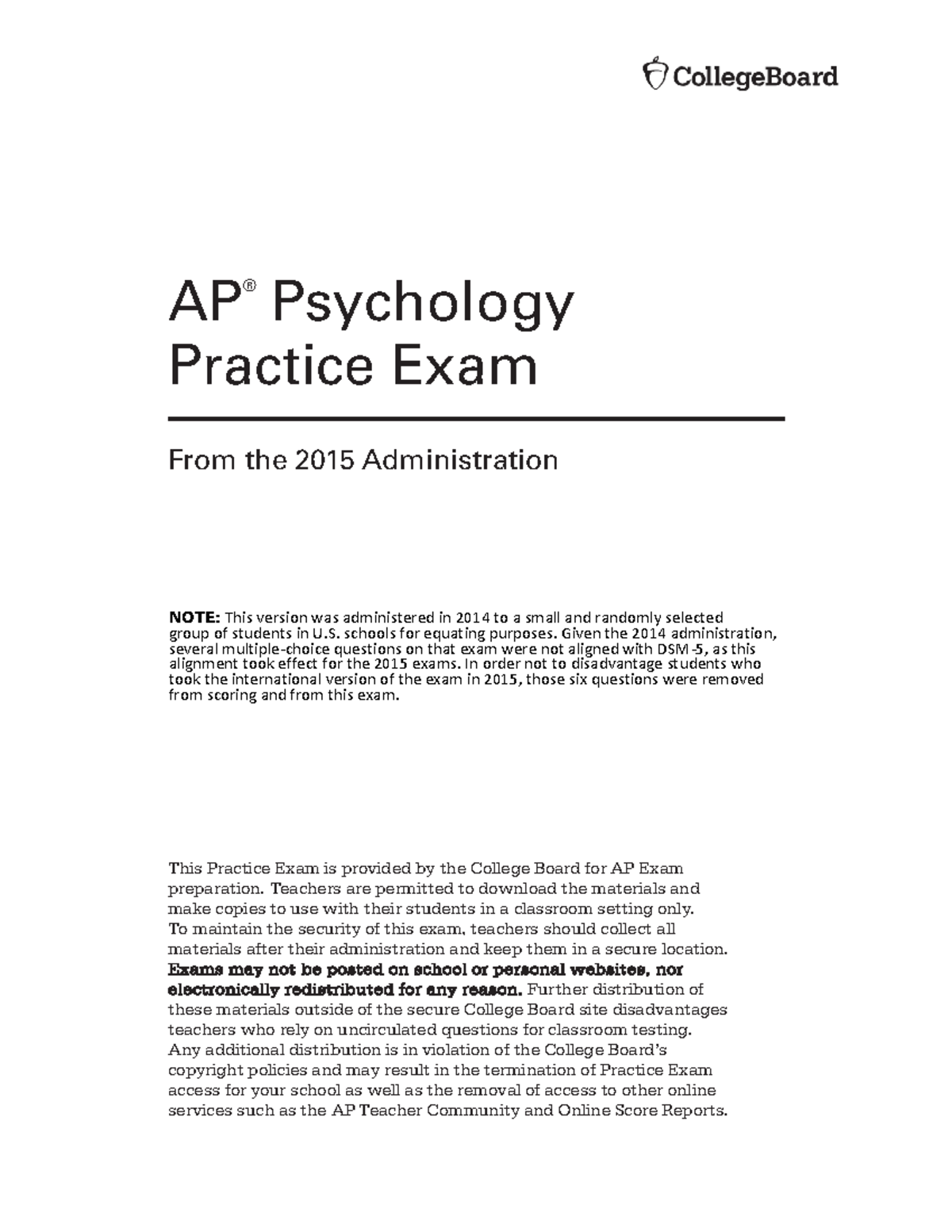 AP Psych 2015 - AP ® Psychology Practice Exam From the 2015 ...