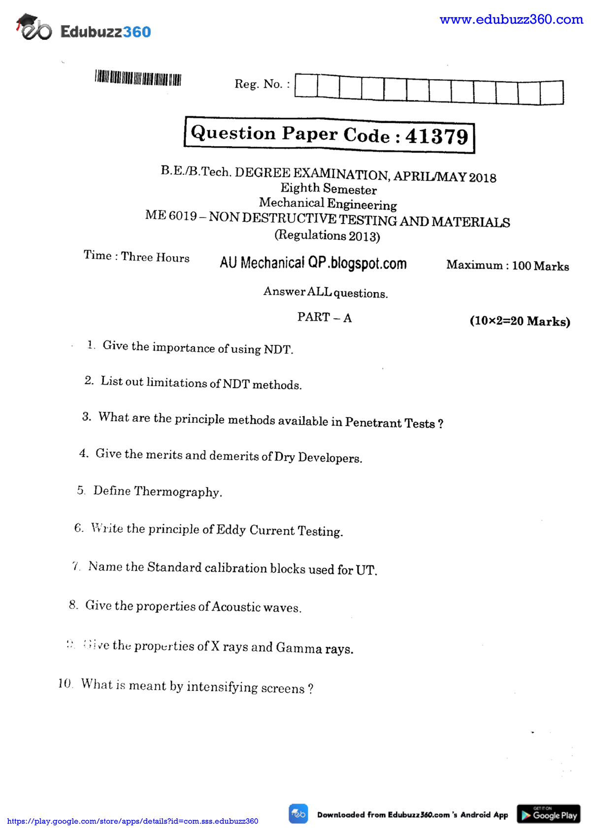 ME8097 Non Destructive Testing And Evaluation QP 3 - Social Sychology ...