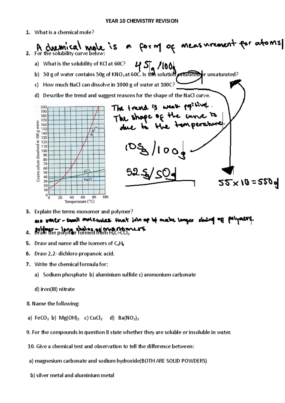 Year 10 Chemistry Revision Sheet YEAR 10 CHEMISTRY REVISION What is a chemical mole? For the