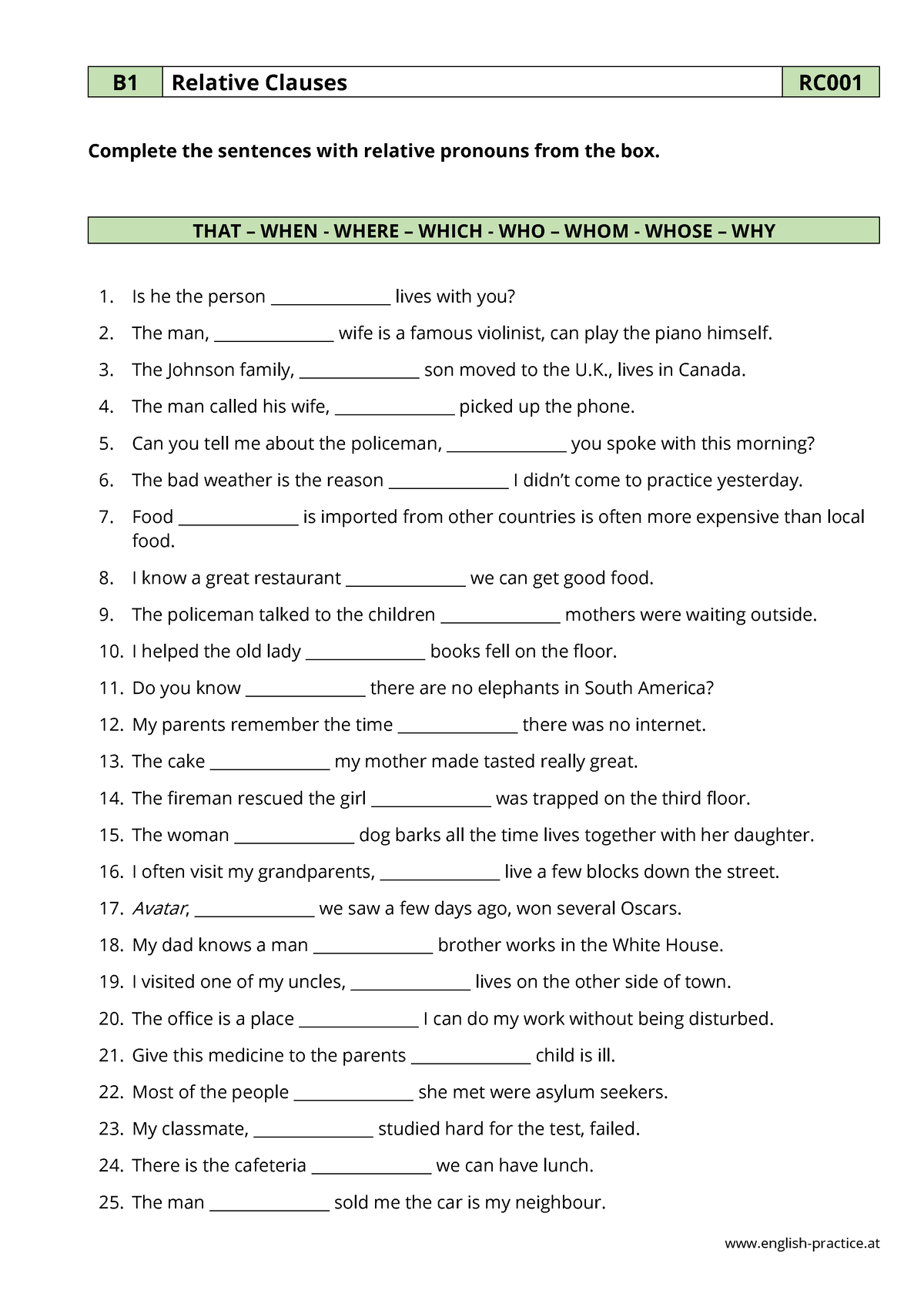 Relative Clauses - PDF Grammar Worksheet - B1 -RC001 - Inglés I ...