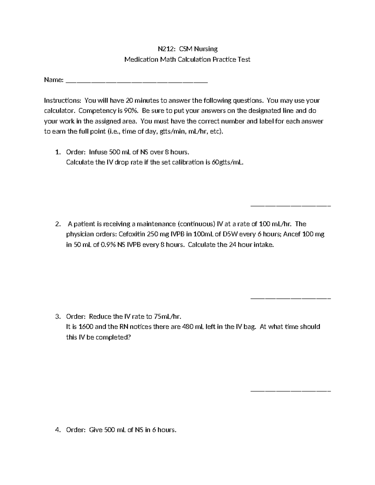 N212 Medication Math Practice Test New N212 CSM Nursing Medication
