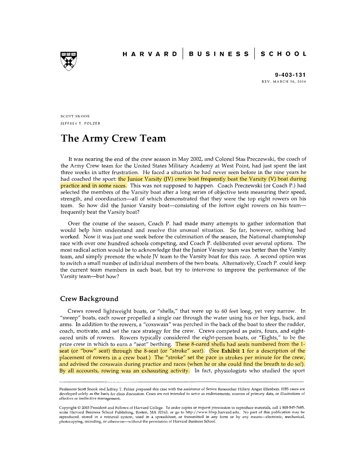 the army crew team case study harvard business school