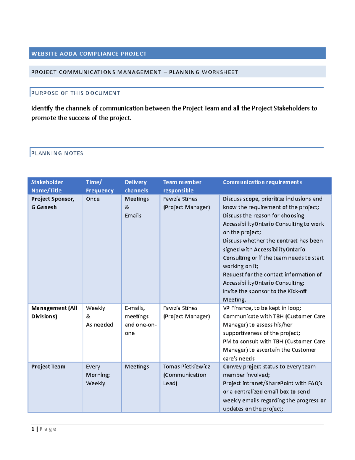 Project Communication Planning Worksheet - Website Aoda Compliance 