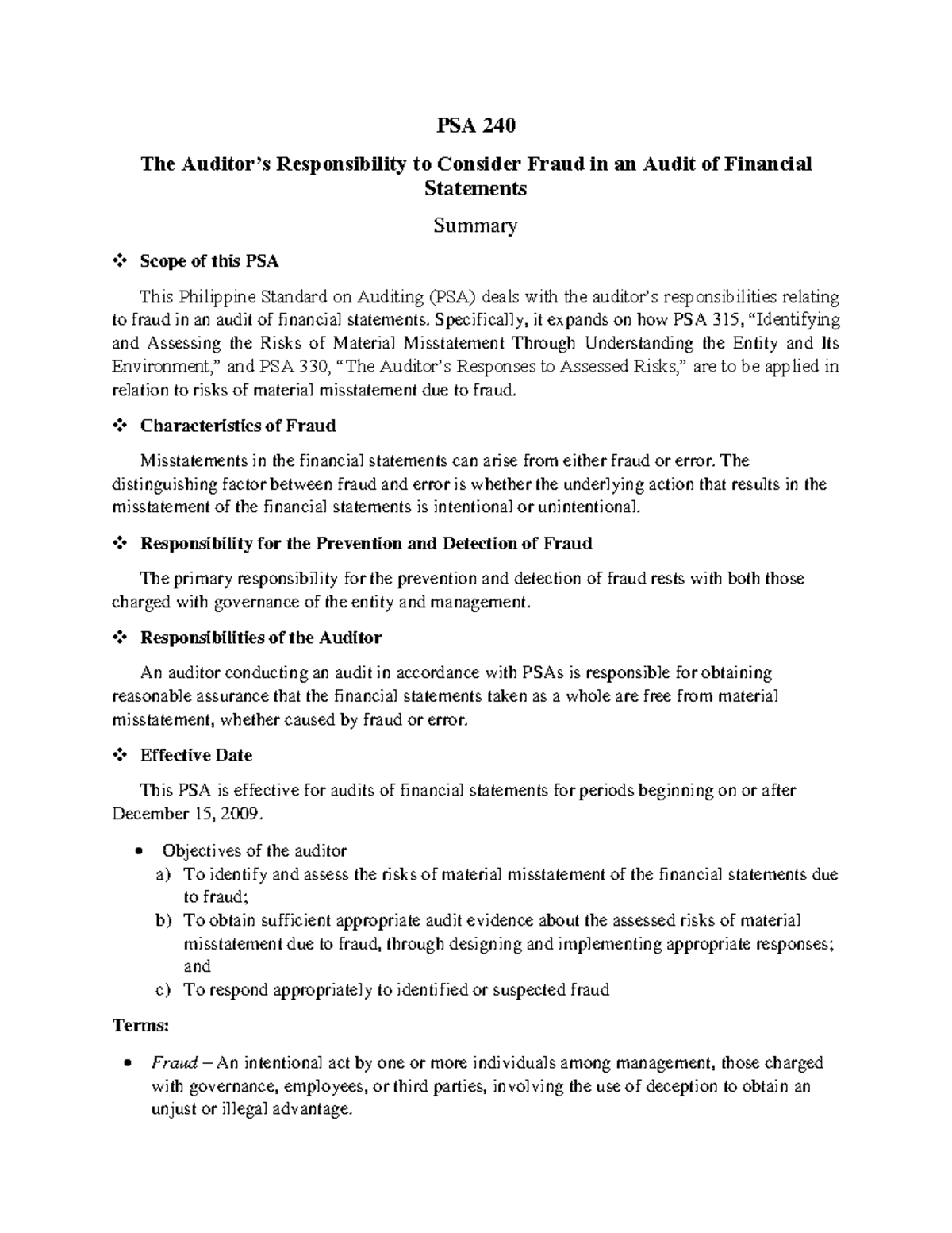 Psa 240 Summary