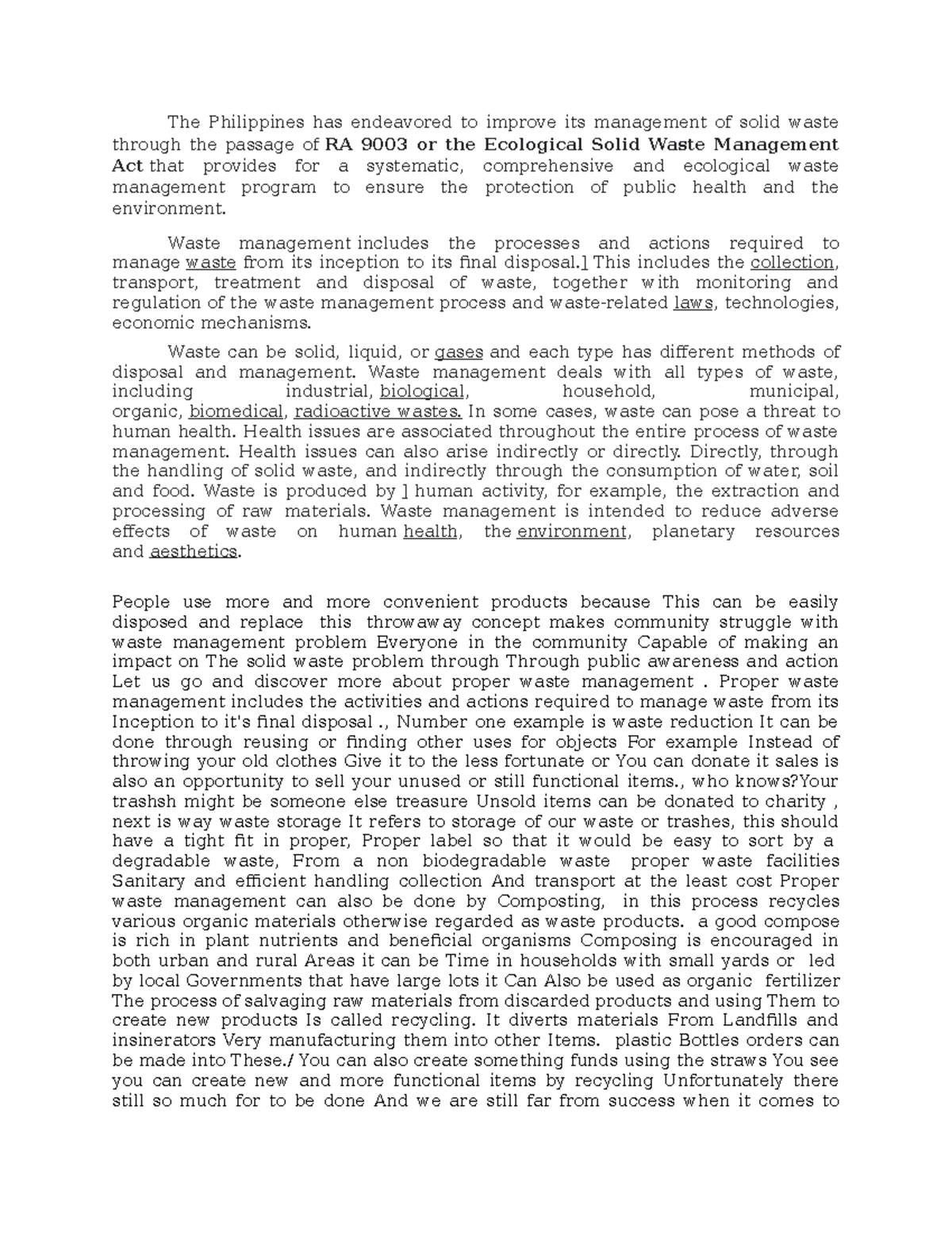 Script EM ESSAY ABOUT WASTE MANAGEMENT The Philippines has
