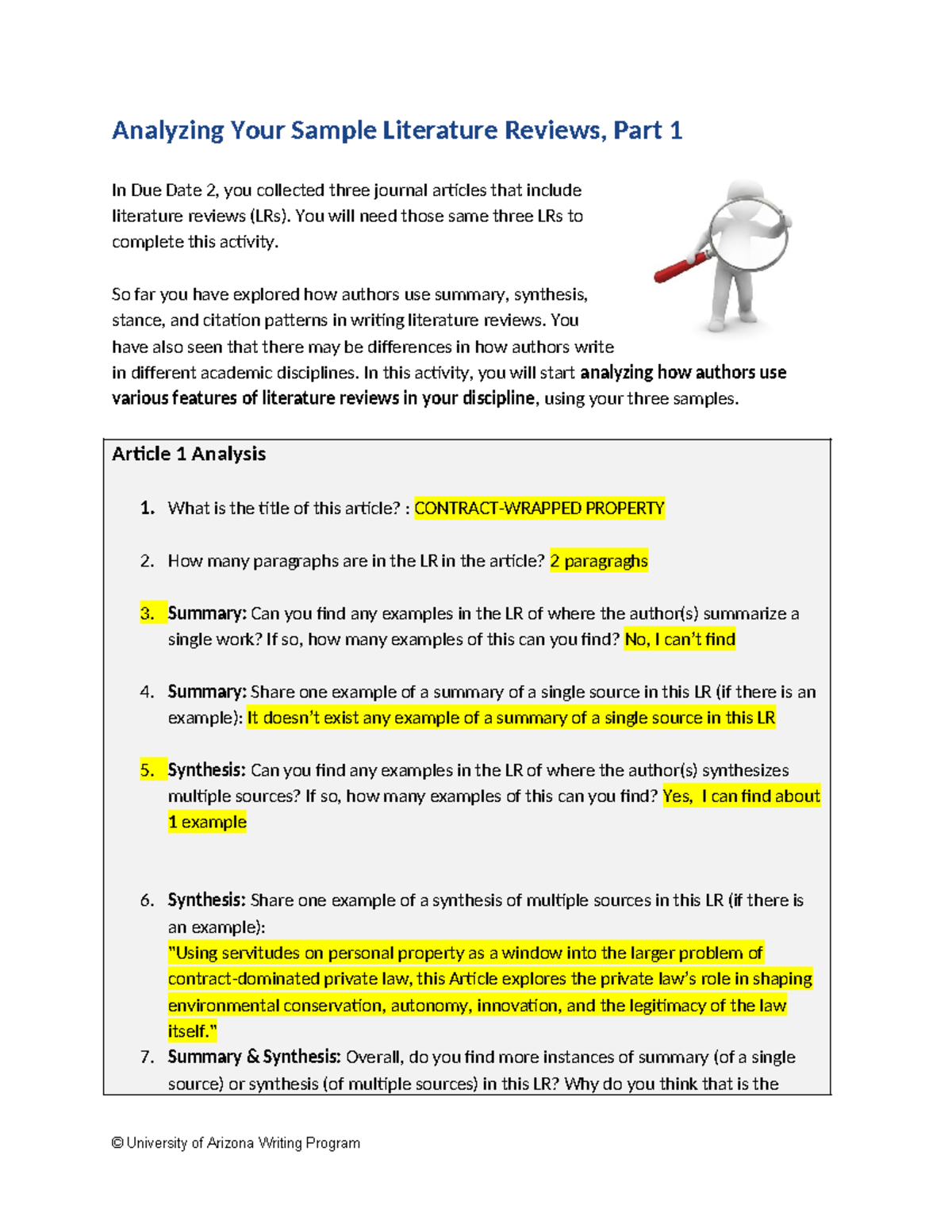Analyzing Sample LRs - Analyzing Your Sample Literature Reviews, Part 1 ...