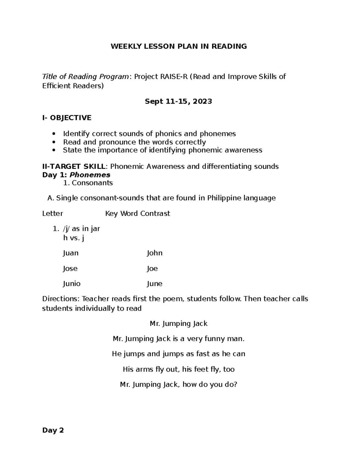 Reading Sept-11-15 - WEEKLY LESSON PLAN IN READING Title of Reading ...