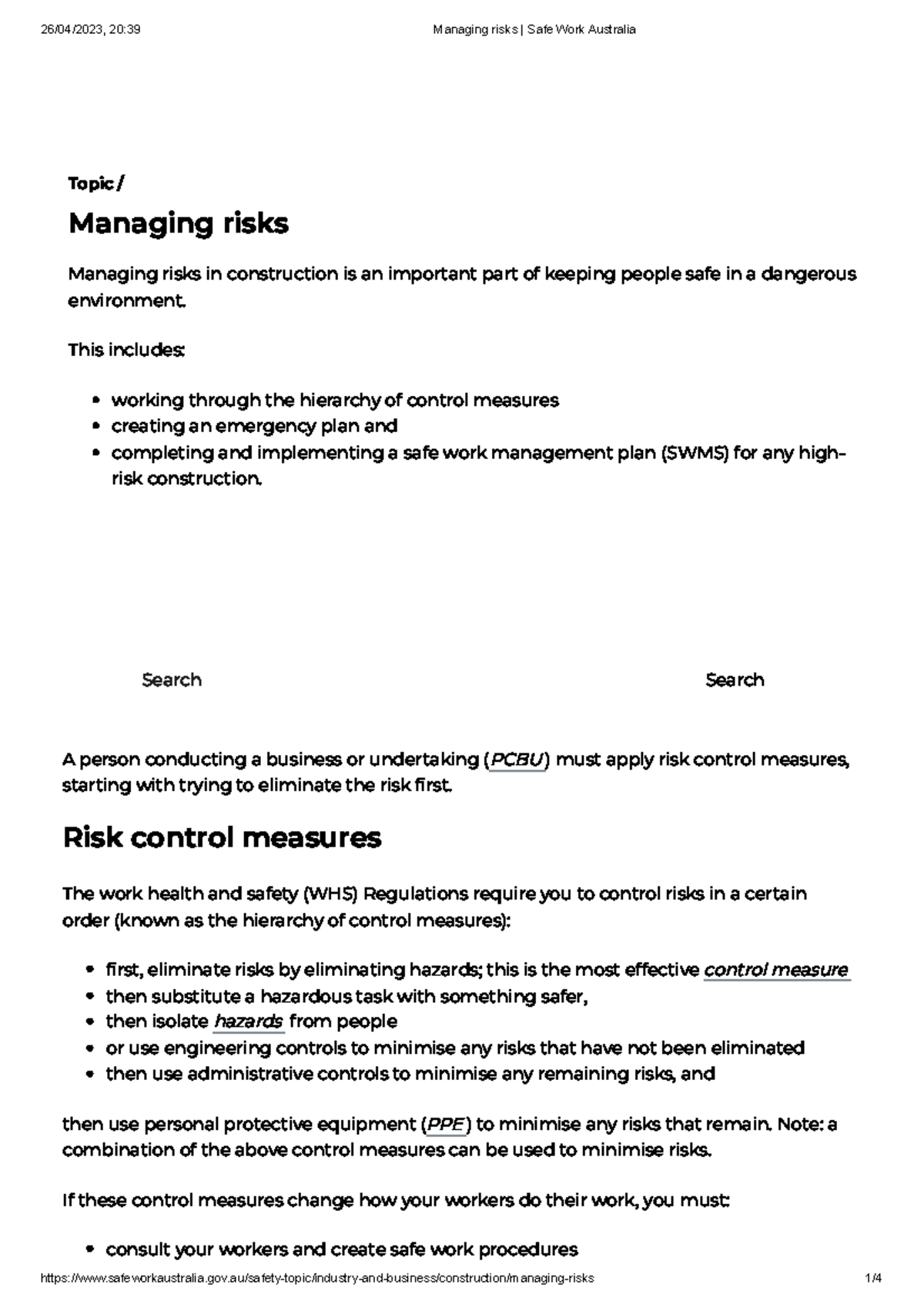 Managing Risks Safe Work Australia Topic Managing Risks Managing