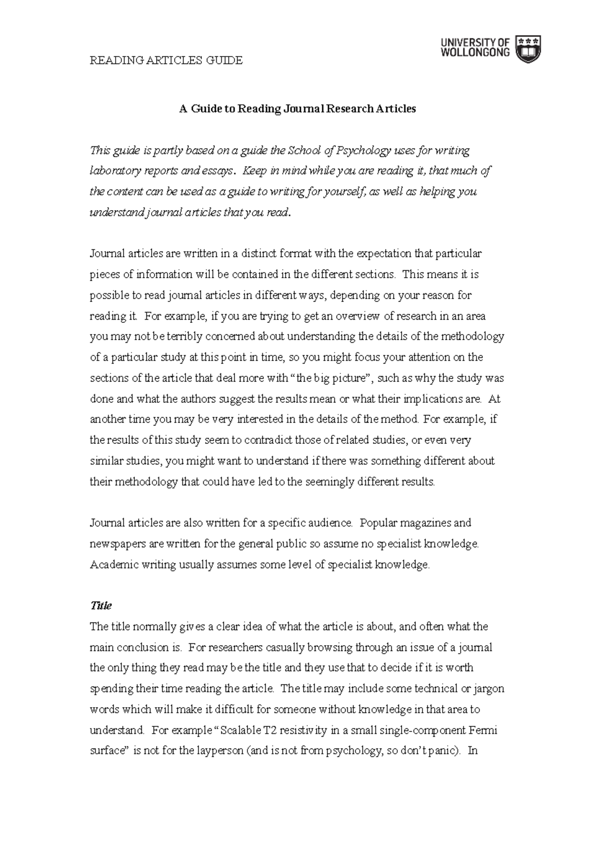 Journal Article Guide For Students A Guide To Reading Journal