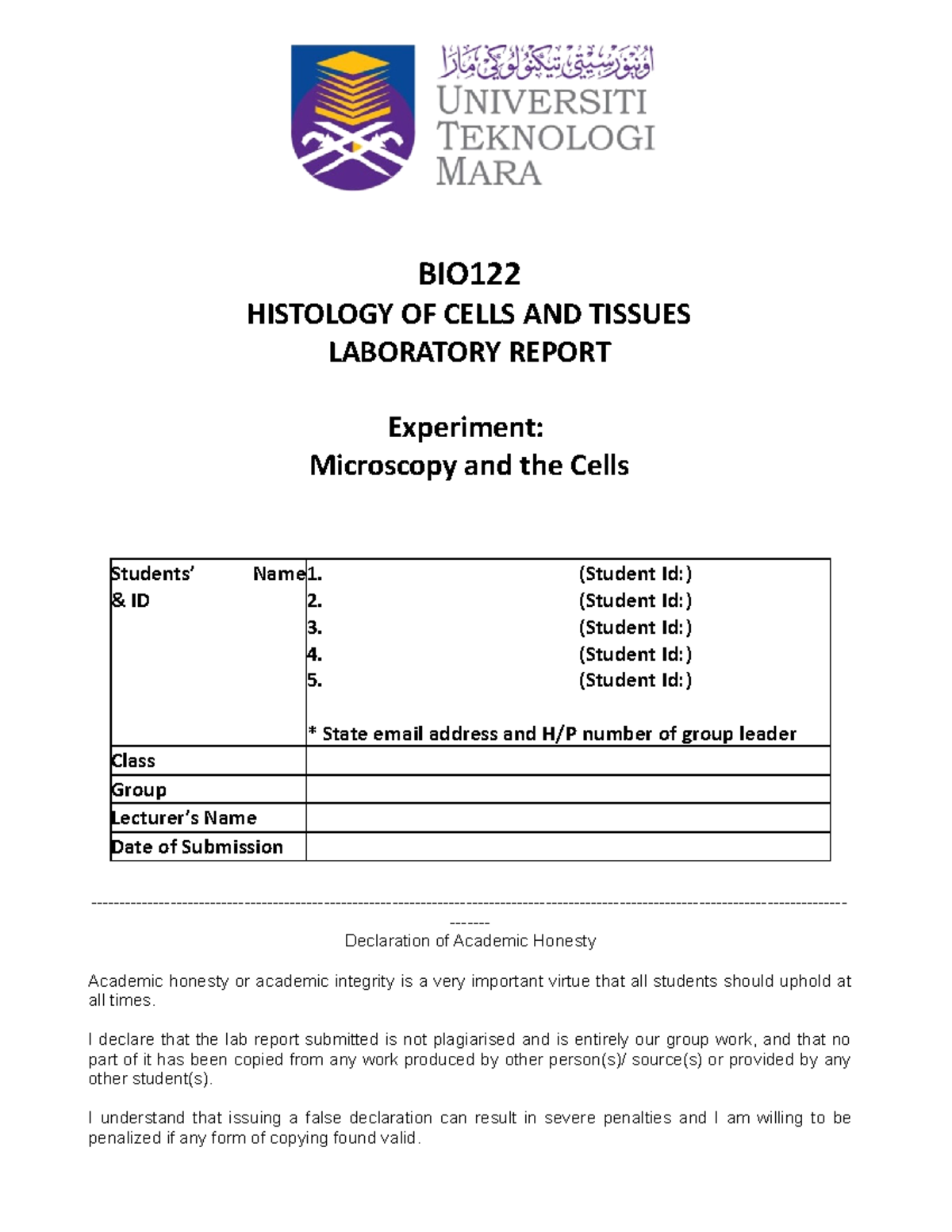 5.0 BIO122 Lab Report Template - BIO HISTOLOGY OF CELLS AND TISSUES ...