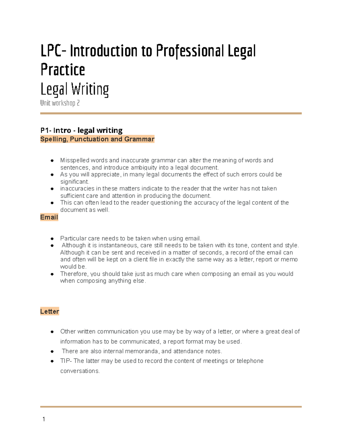 Writing Class Notes - LPC- Introduction To Professional Legal Practice ...