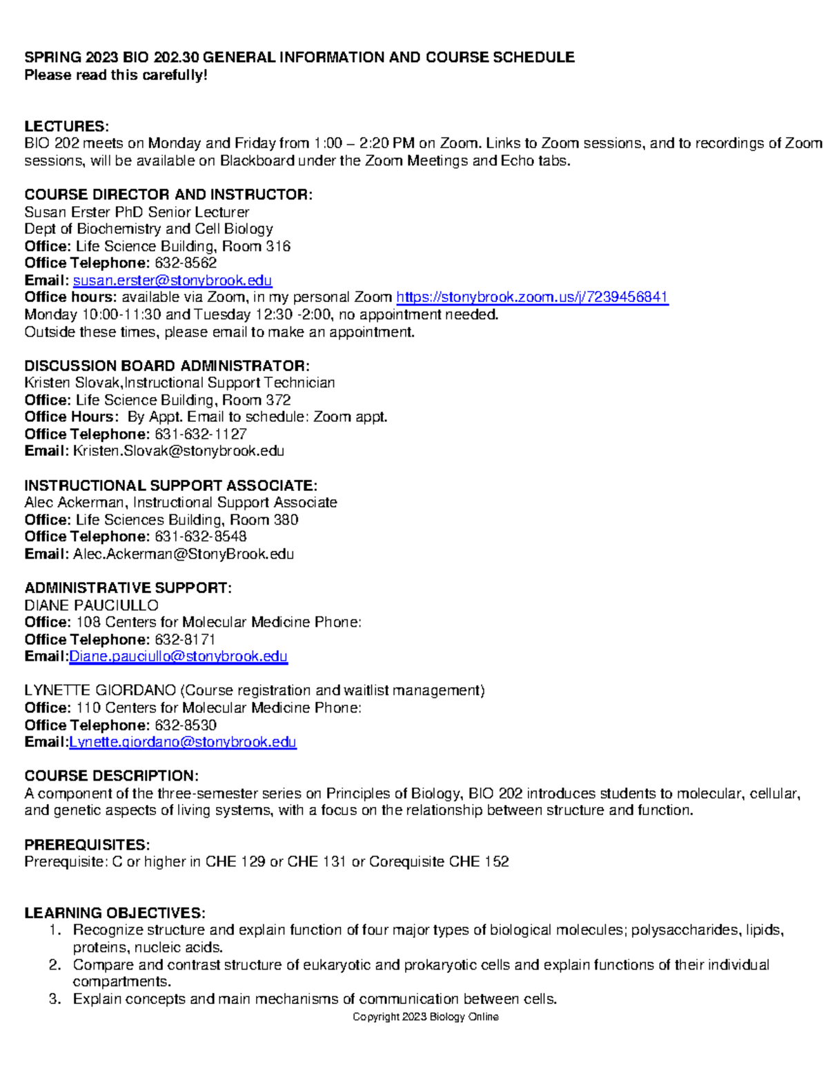 Spring 2023 BIO 202.30 Syllabus(1)-2 - BIO 202 - SBU - Studocu