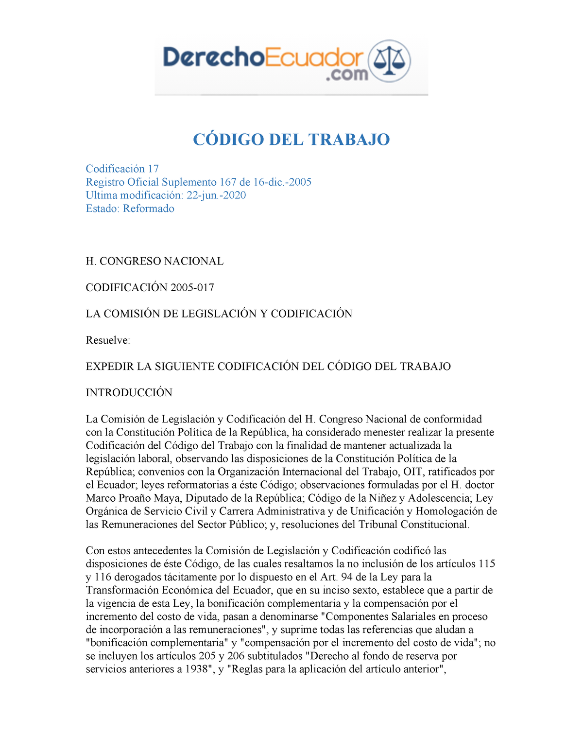 Codigo de trabajo Ecuador actualizado 2020 CÓDIGO DEL TRABAJO