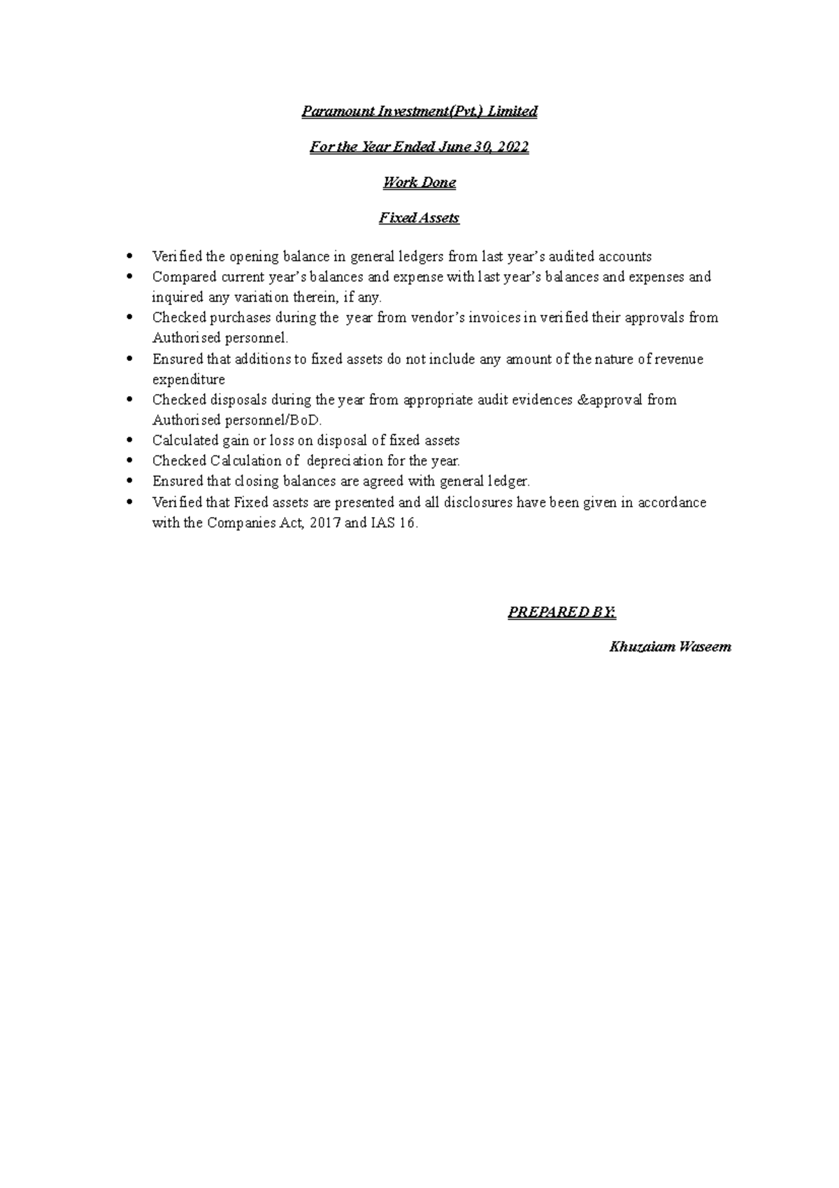 Paramount Investment Workdone 2021 Paramount Investment(Pvt.) Limited