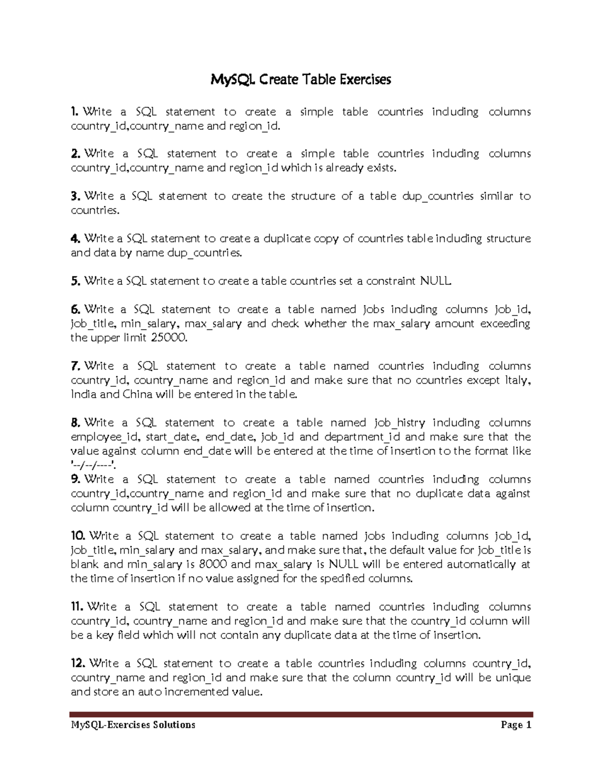 01 - questions - MySQL-Exercises Solutions Page 1 MySQL Create Table ...