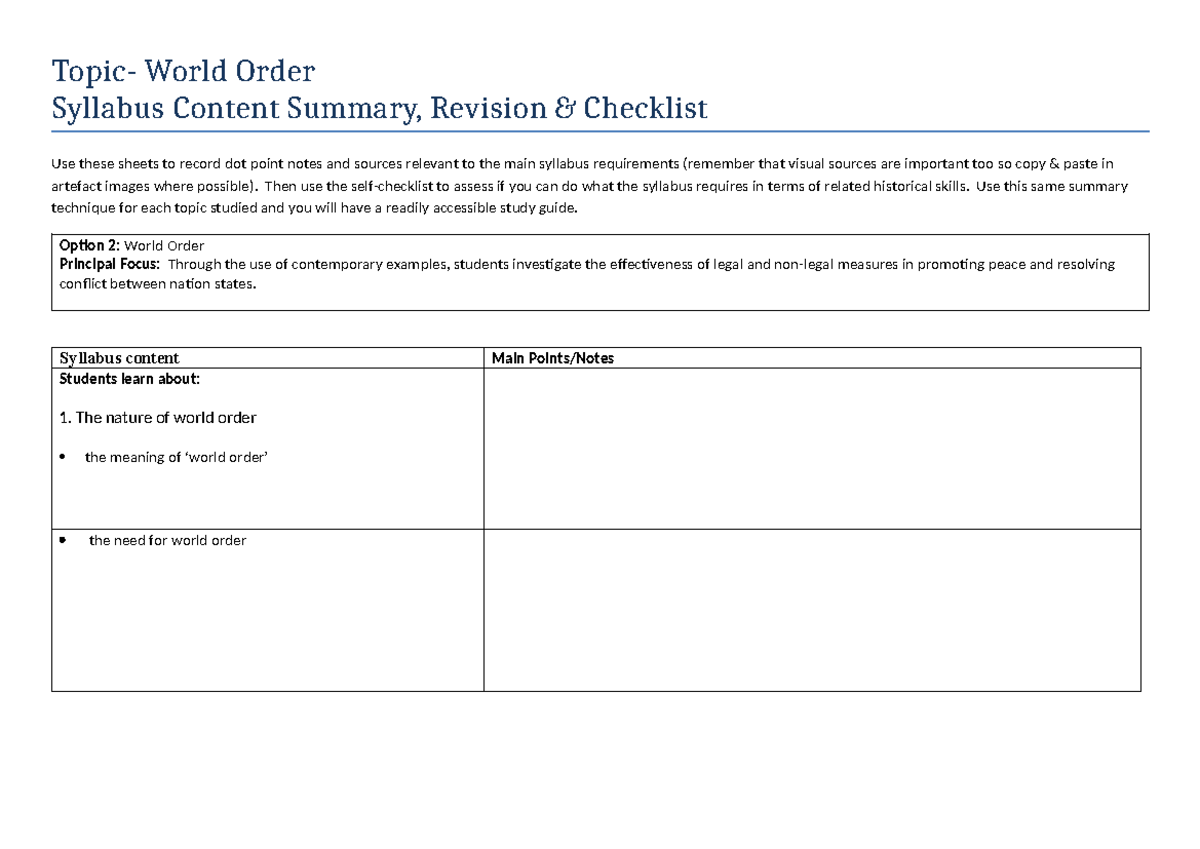World Order - Summary Sheet HSC - Topic- World Order Syllabus Content ...