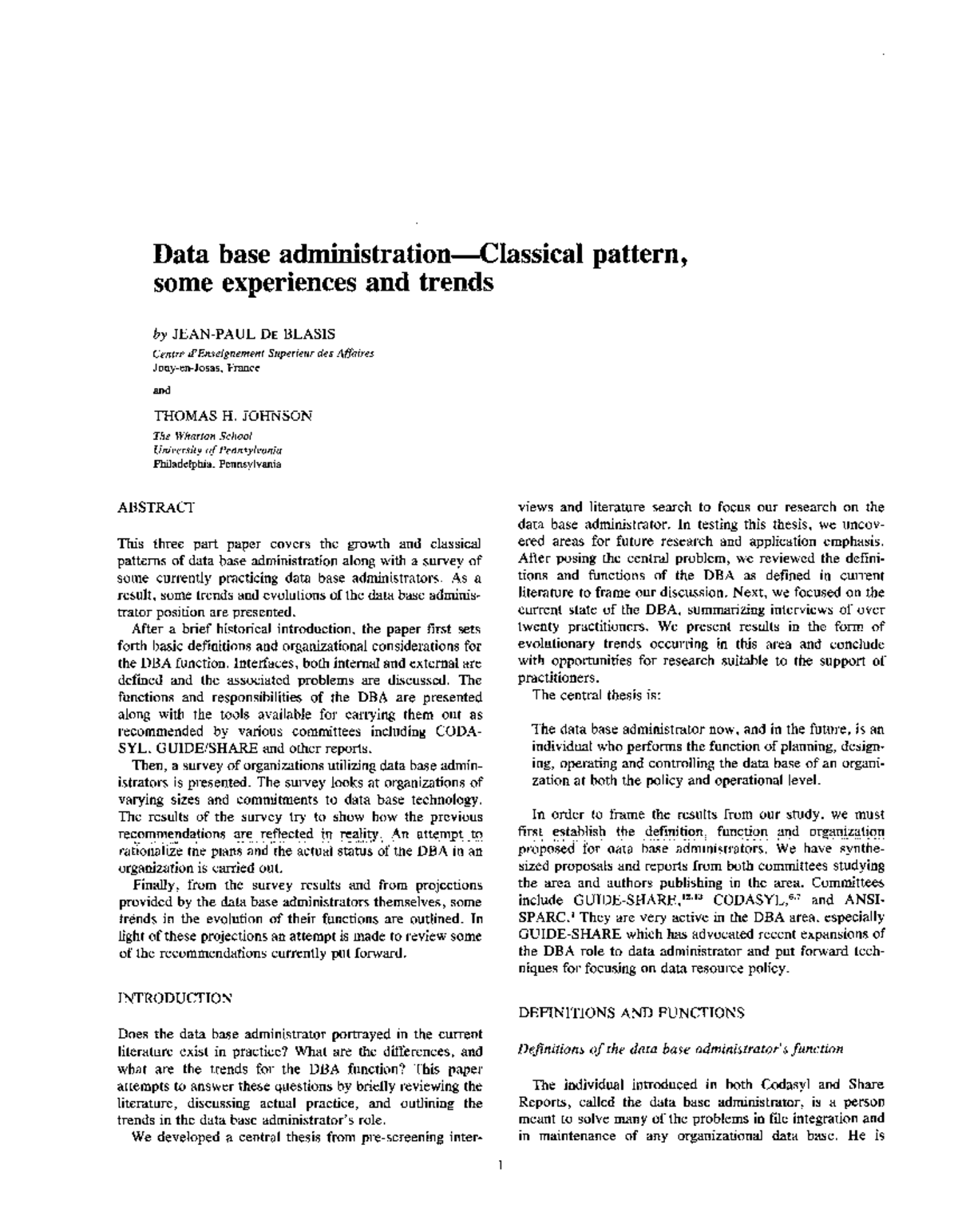 Assignment DBA - Data base administration—Classical pattern, some ...