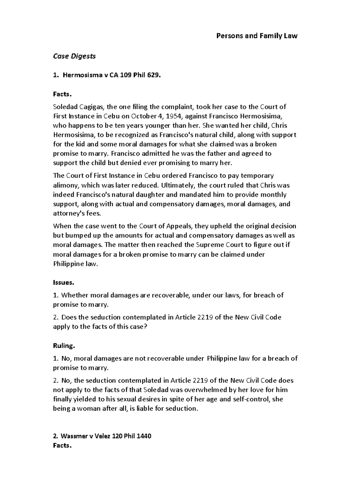 PFL Case Digest - Hermosisma v CA 109 Phil 629 Wassmer v Velez 120 Phil ...