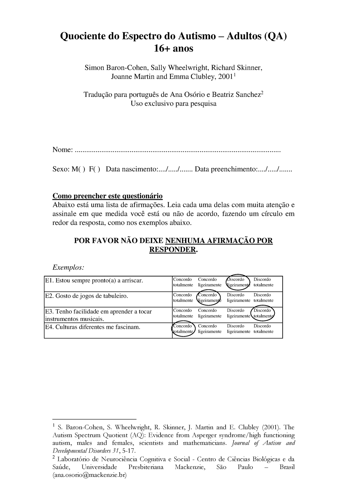 Aq Quociente Do Espectro Do Autismo Protocolo Quociente Do Espectro Do Autismo Adultos Qa 5080