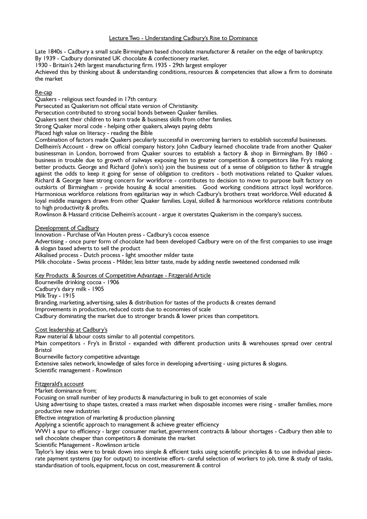 Lecture 2 - Understanding Cadbury’s Rise to Dominance - Lecture Two ...