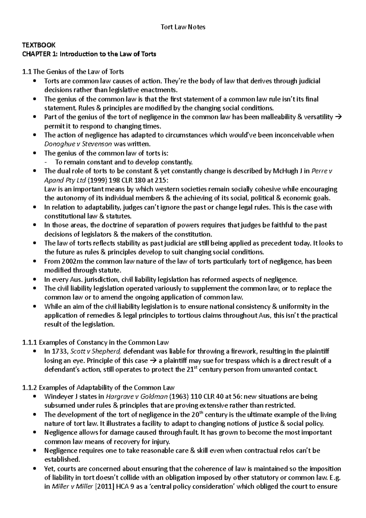 Tort Law Study Notes - Tort Law Notes TEXTBOOK CHAPTER 1: Introduction ...