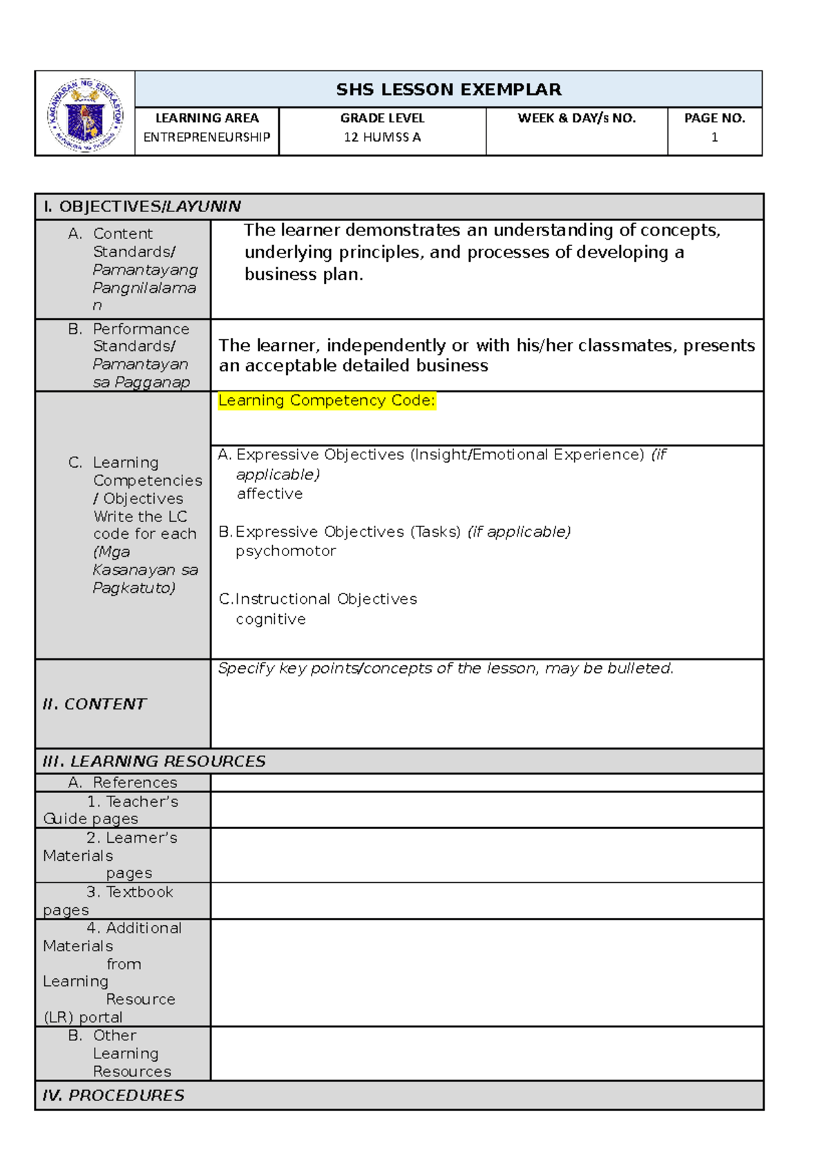 Copy of SHS Lesson Exemplar Template - SHS LESSON EXEMPLAR LEARNING ...