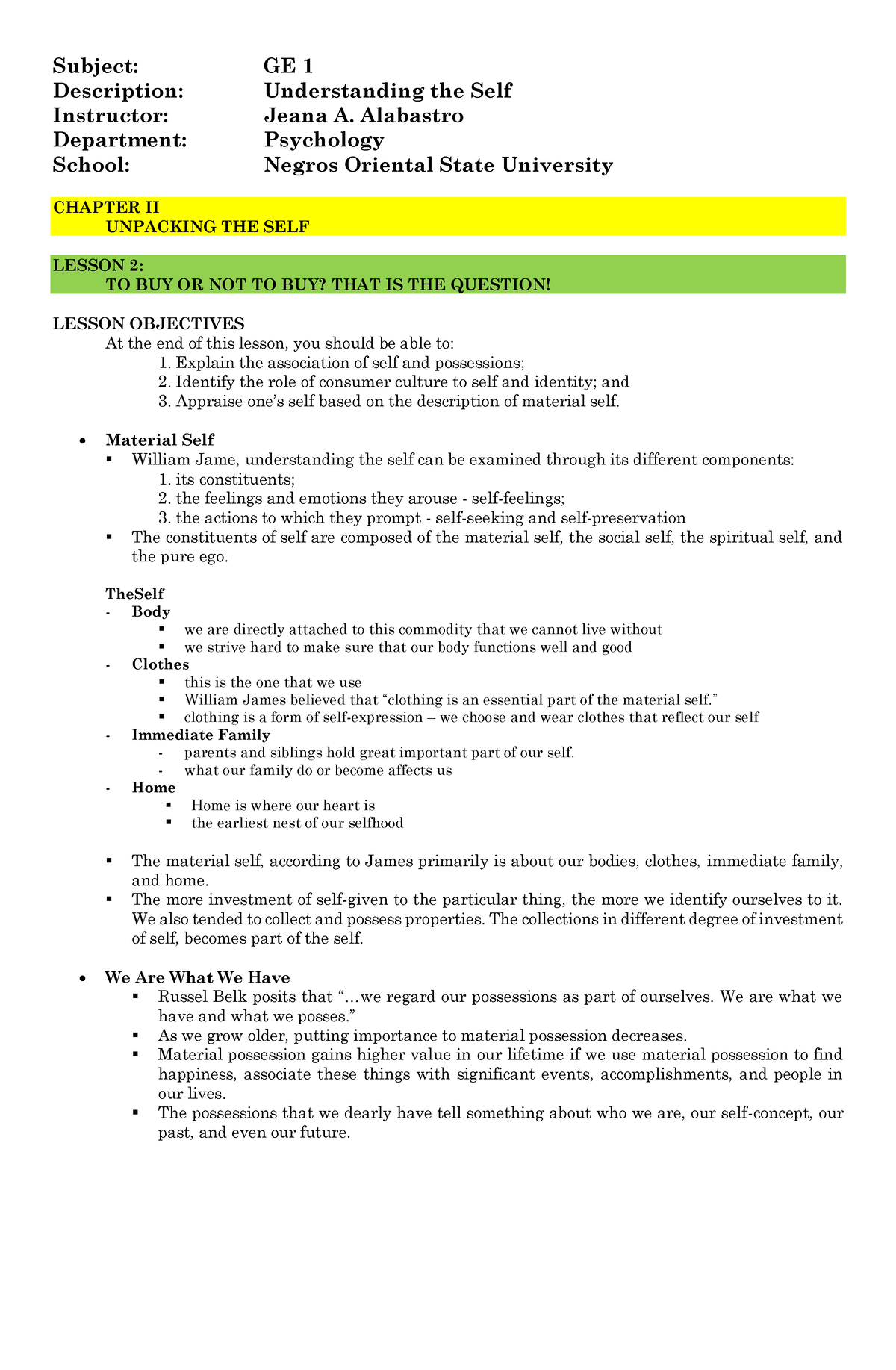 GE 1.C2 - HAHAHHAHA - Subject: GE 1 Description: Understanding the Self ...