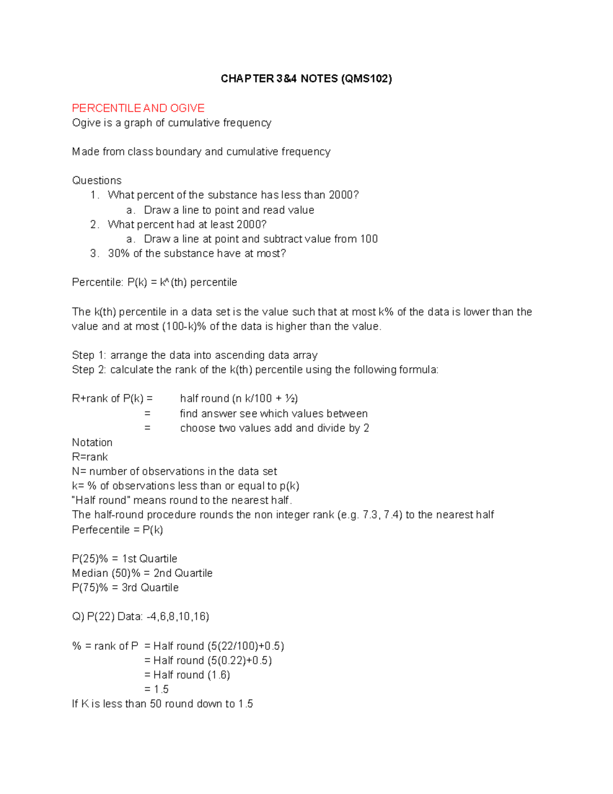 Chapter 3&4 Notes - CHAPTER 3&4 NOTES (QMS102) PERCENTILE AND OGIVE ...