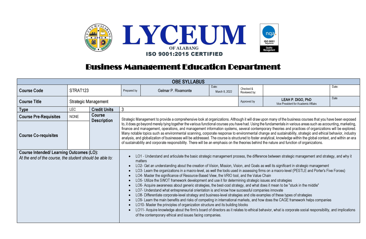 Strategic Management Syllabus - Accountancy, Business And Management ...