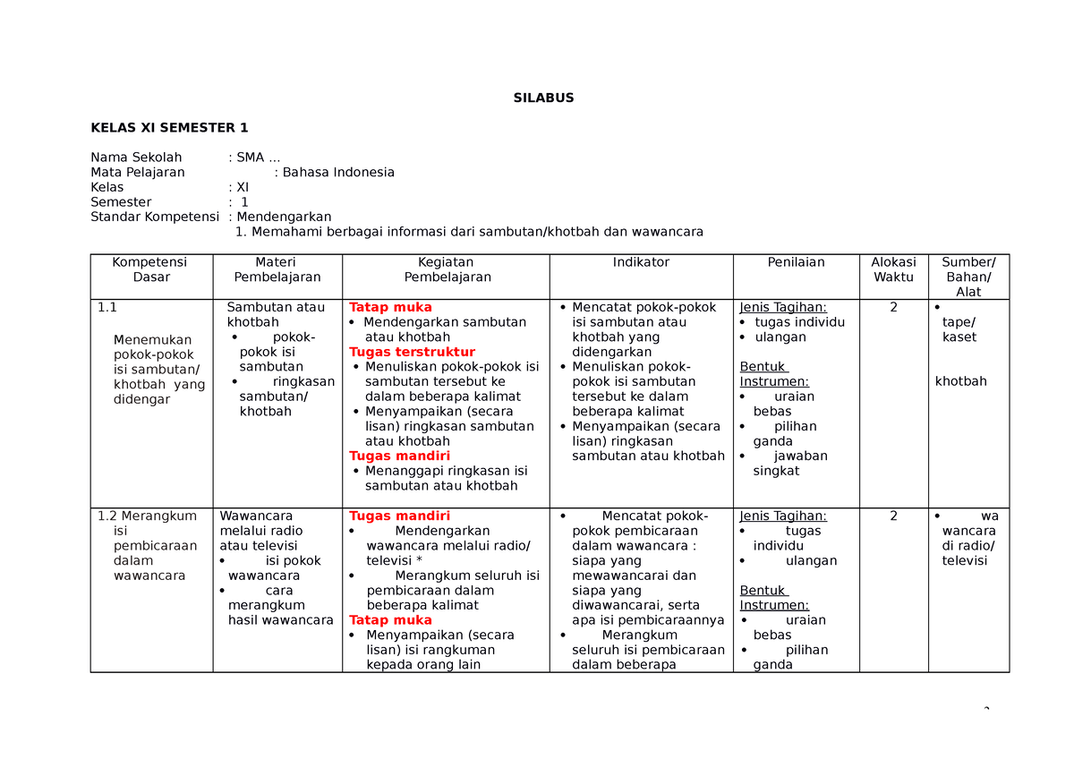 38975084 Silabus Bahasa Indonesiaklas XI - SILABUS KELAS XI SEMESTER 1 ...