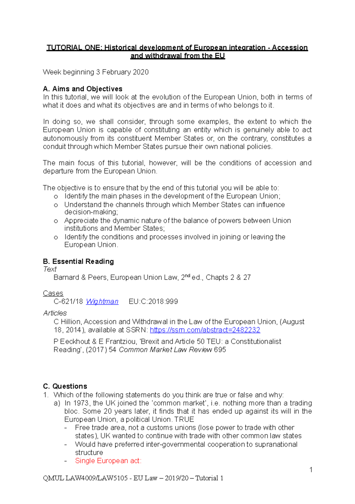 Tutorial 1 notes - 1 QMUL LAW4009/LAW5105 - EU Law – 2019/20 – Tutorial ...