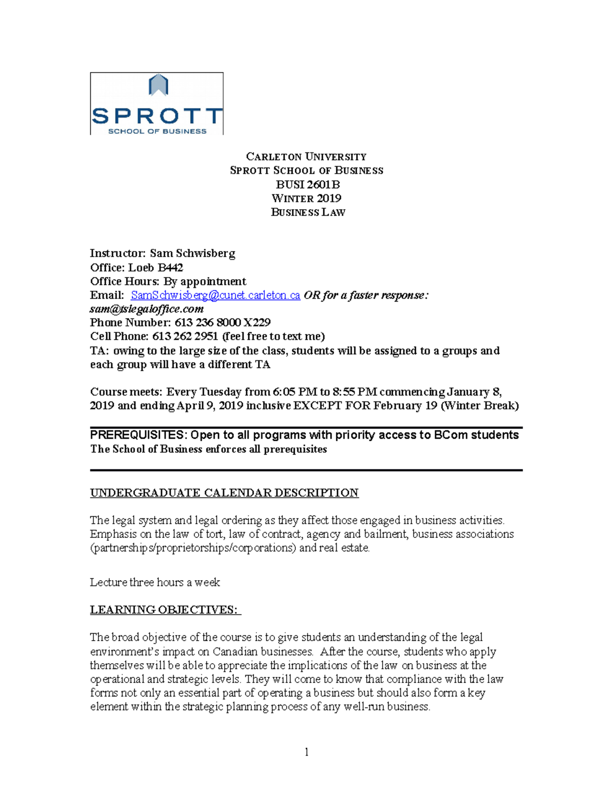 Course Outline BUSI 2601C Winter 2019 v2 - CARLETON UNIVERSITY SPROTT ...