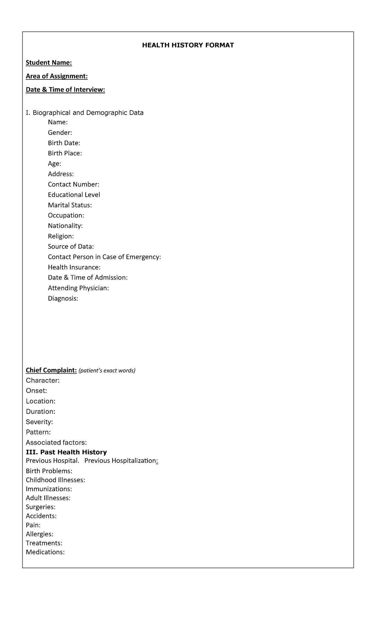 DUTY REQS - Notes - HEALTH HISTORY FORMAT Student Name: Area of ...