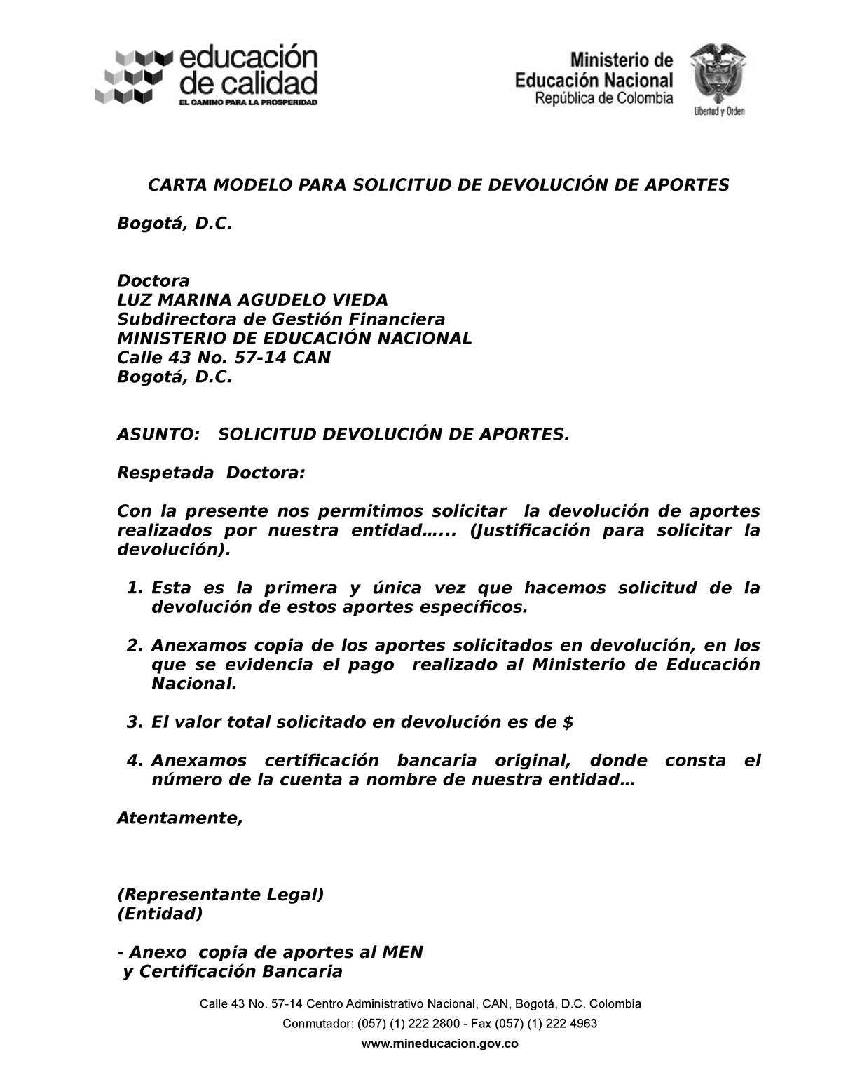 Articles 273210 Modelo Carta Carta Modelo Para Solicitud De DevoluciÓn De Aportes Bogotá D 7821