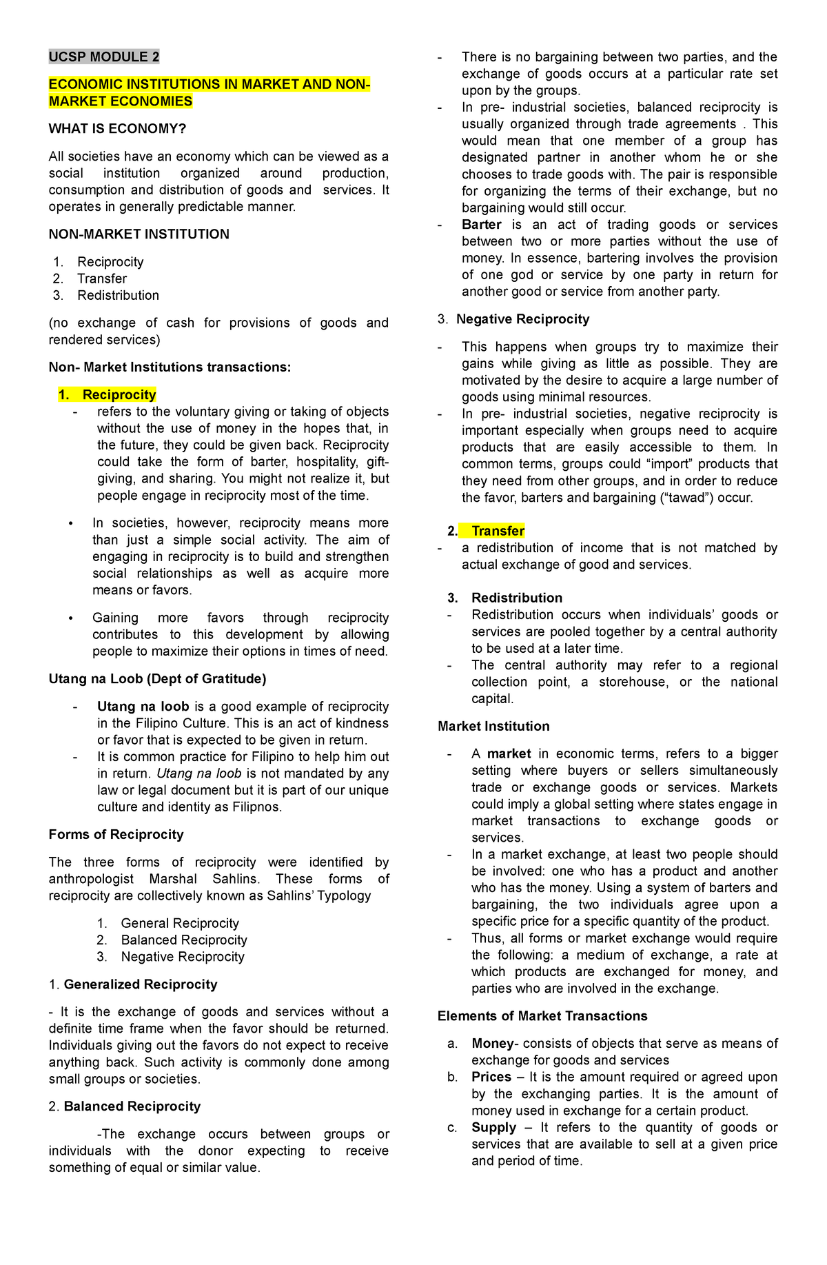 UCSP 4TH QR REV MOD 2 - REVIEWER - UCSP MODULE 2 ECONOMIC INSTITUTIONS ...