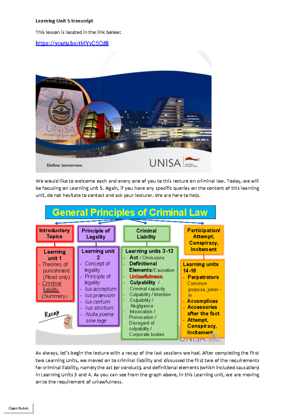 CRW2601 Learning unit 5 - Learning Unit 5 transcript This lesson is ...
