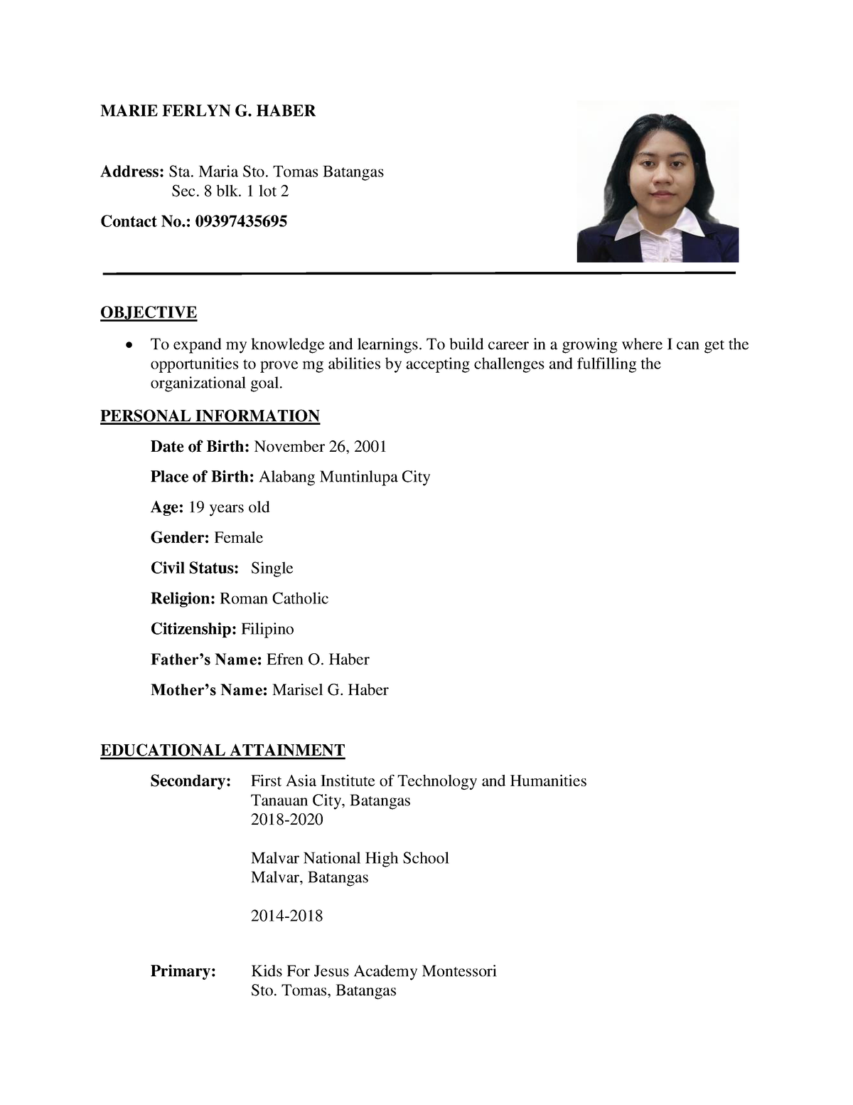 Ferlyn Haber Resume - MARIE FERLYN G. HABER Address: Sta. Maria Sto ...