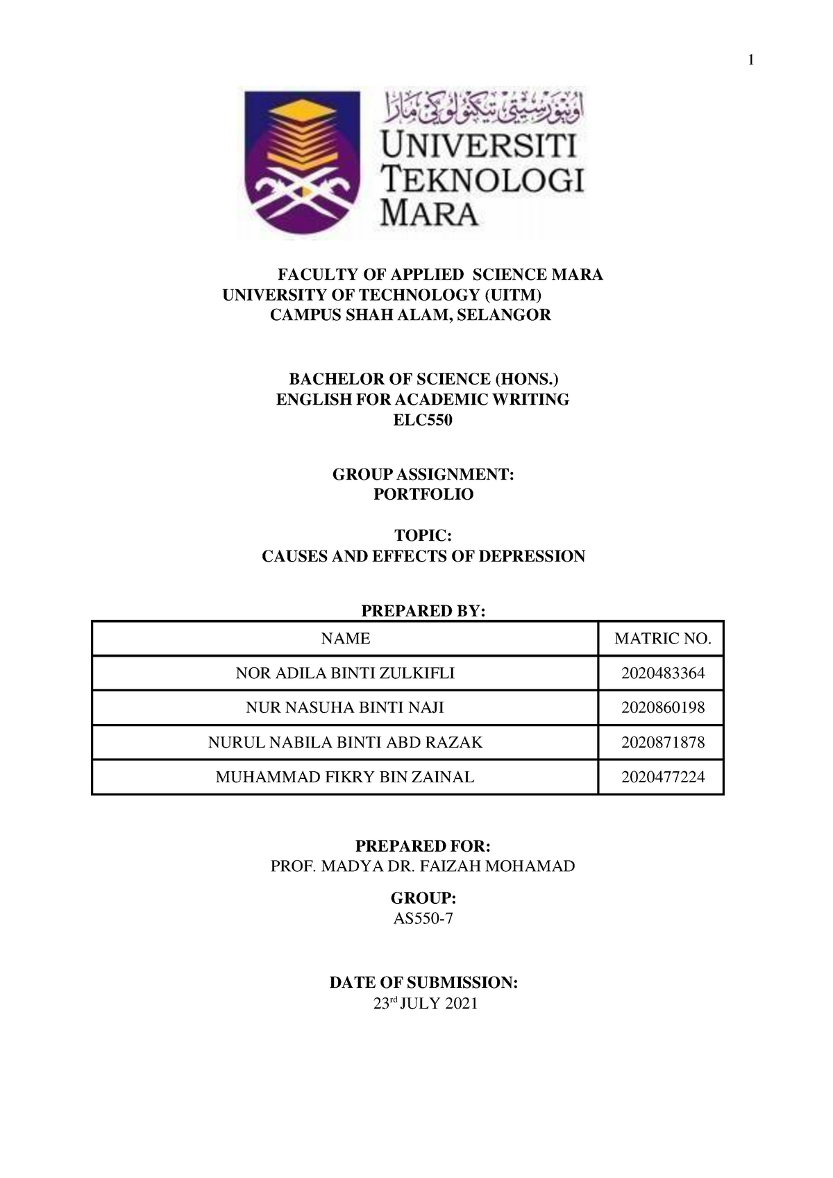 Portfolio Group 7 ELC - FACULTY OF APPLIED SCIENCE MARA UNIVERSITY OF ...