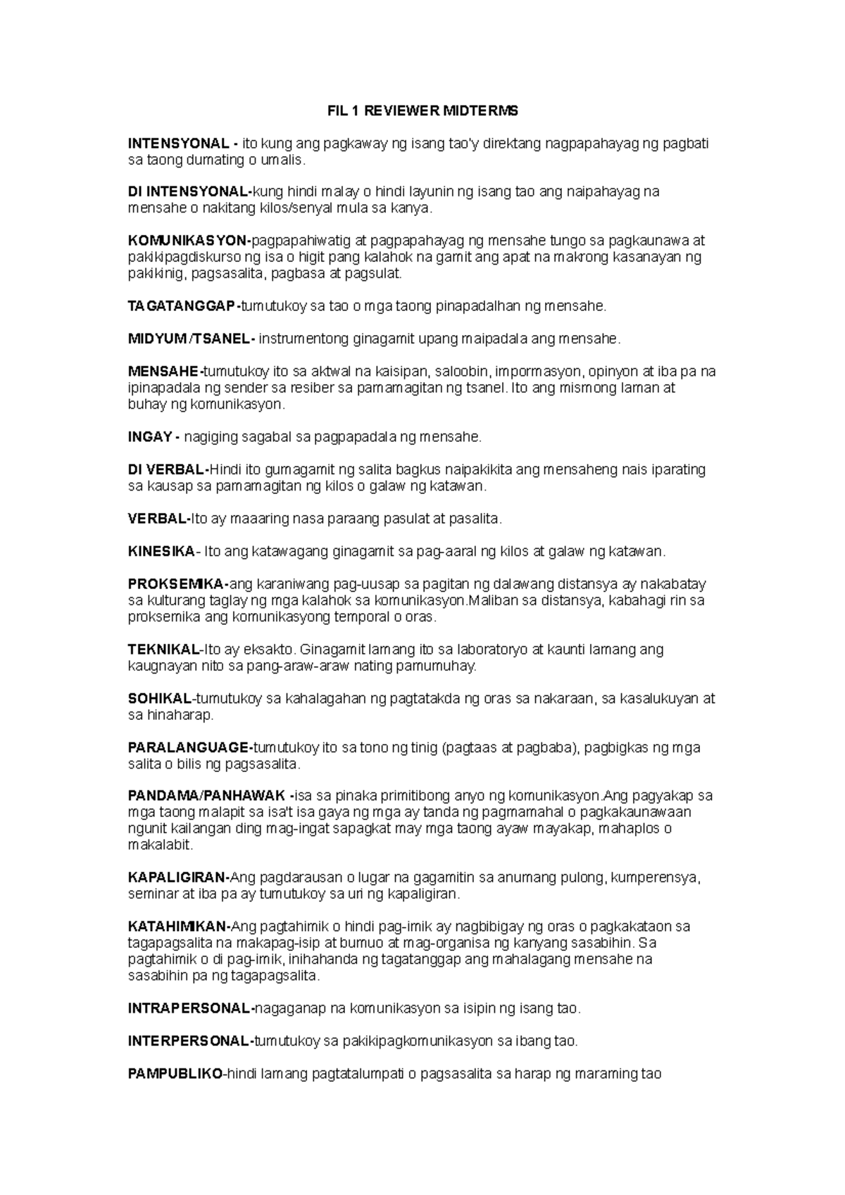 FIL 1 Reviewer Midterms - FIL 1 REVIEWER MIDTERMS INTENSYONAL - ito ...