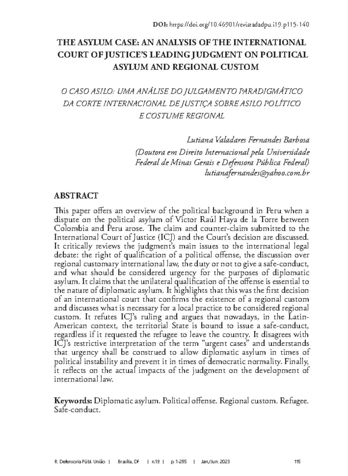 Asylum case to customary int. law - R. Defensoria Públ. União Brasília ...