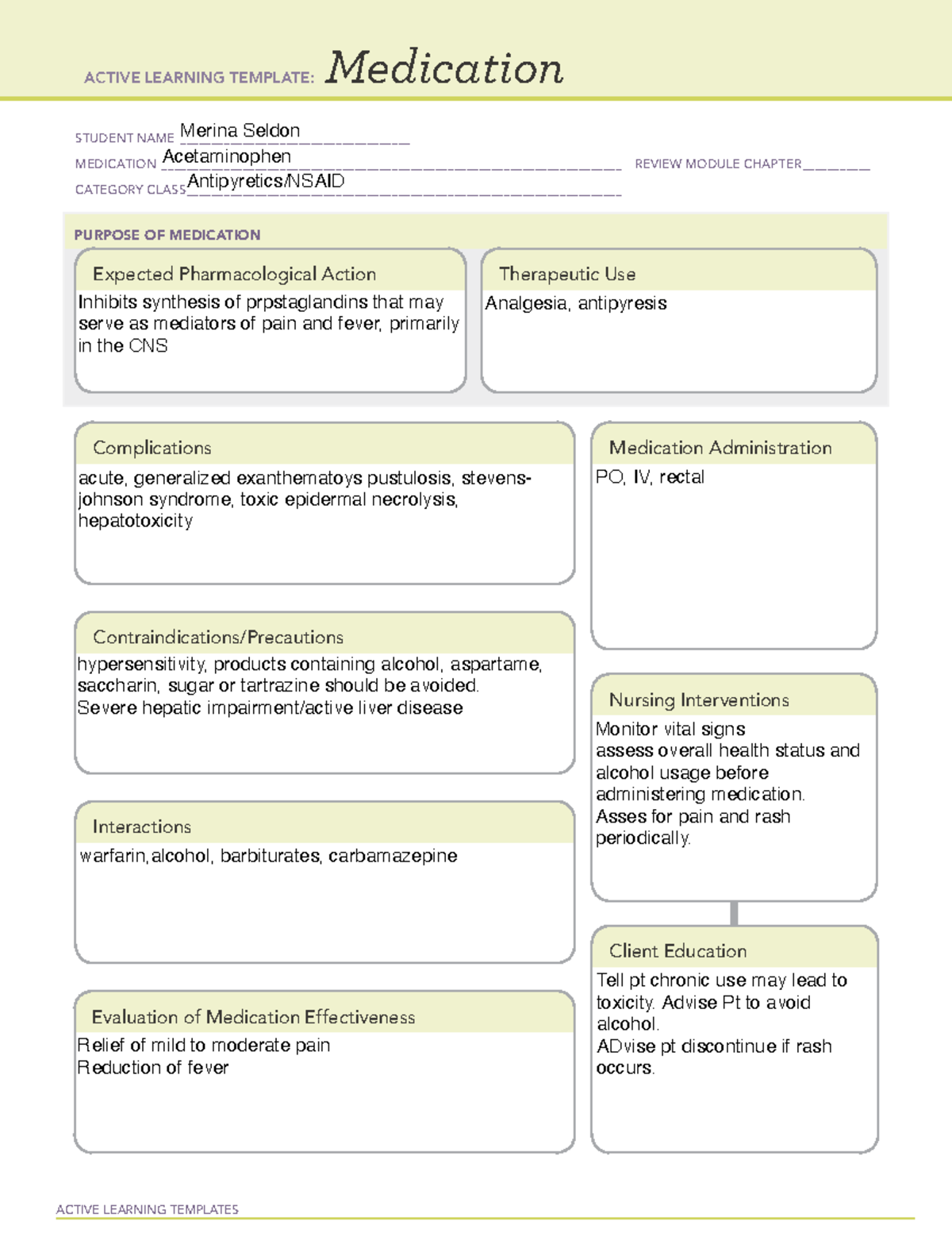 Acetaminophen Medication Sheet and Template - ACTIVE LEARNING TEMPLATES ...