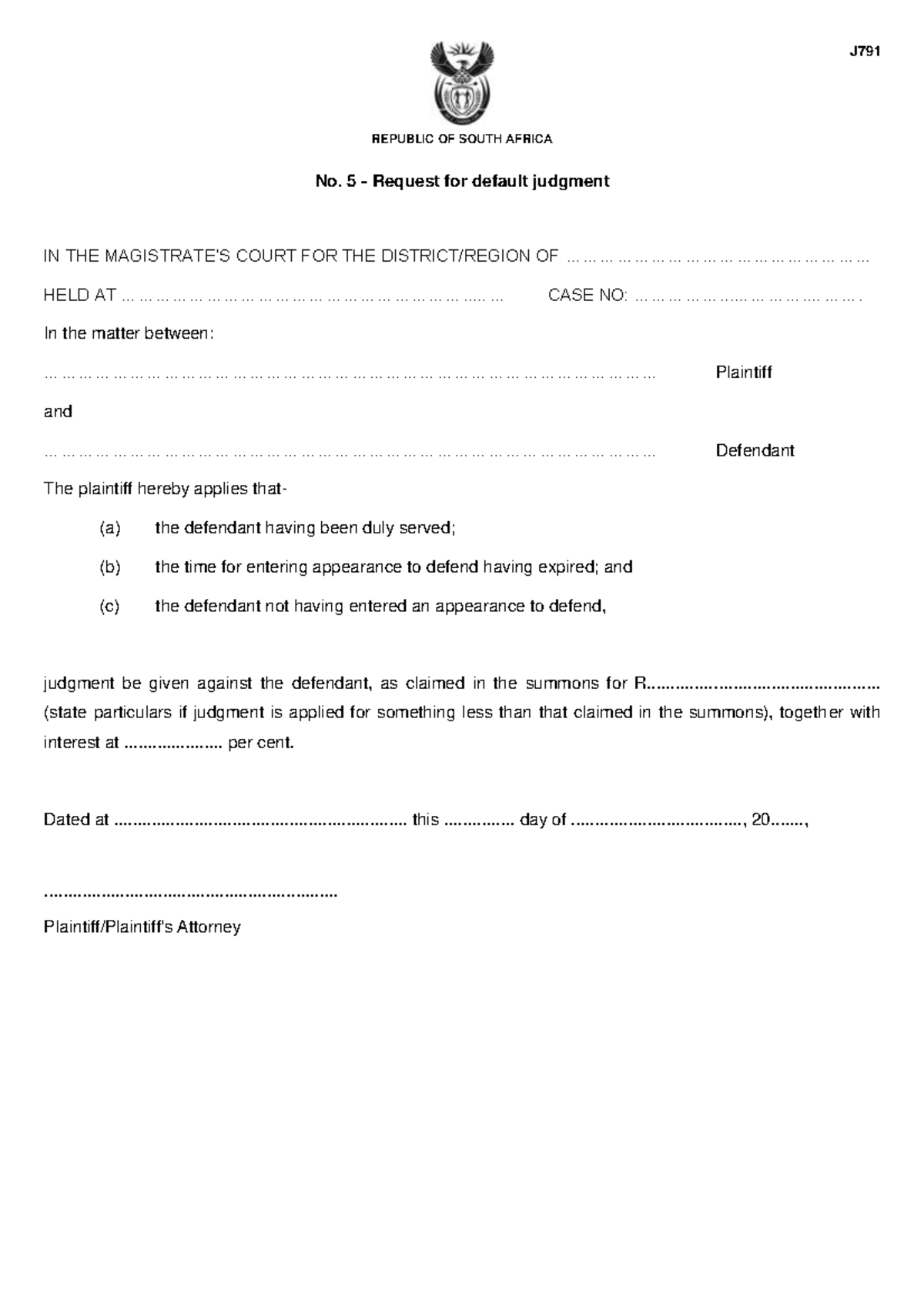 DJ - J791-form05 - check the material - J REPUBLIC OF SOUTH AFRICA No ...