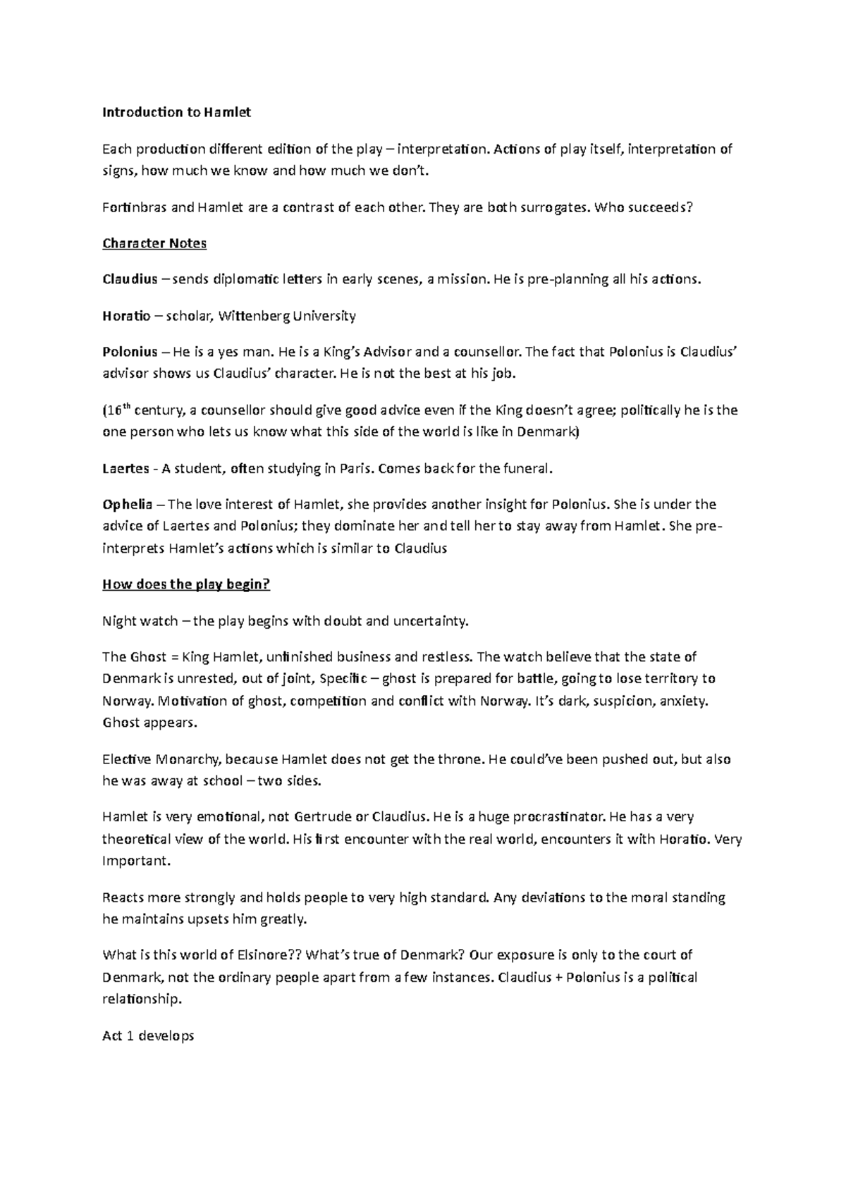 Introduction to Hamlet Introduction to Hamlet Each production