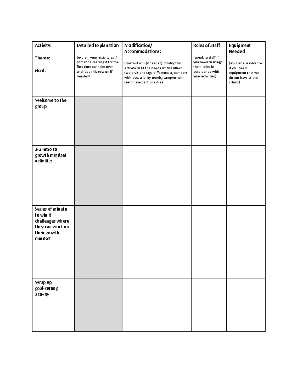 Activity Brainstorming Sheet - Activity: Theme: Goal: Detailed ...
