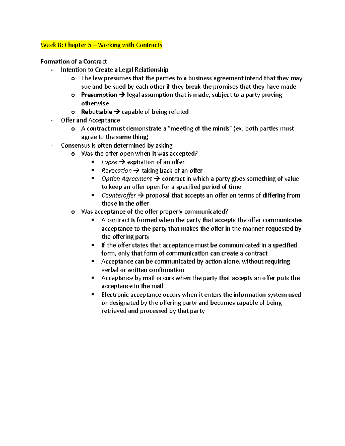 Week 8-13 Notes - Chapters 5, 7, 8, 10 - Week 8: Chapter 5 - Working ...